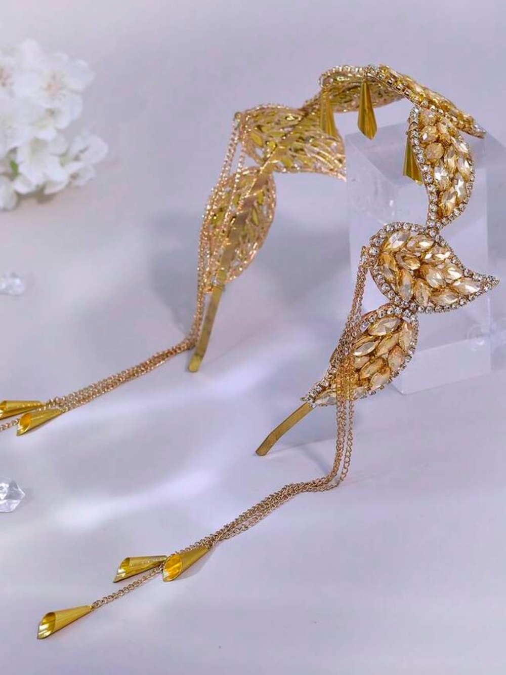 Elegant Gold Bridal Headband with Tassel and Rhinestone Detail
